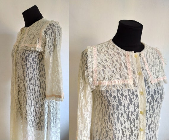 Vintage 70's Ivory Lace Robe/Maxi Peignoir/Cream … - image 1