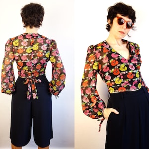 Vintage 70's Golden Lurex Blouse/Poppy Blouse/Belted Wrap Crop Top/Colourful Floral Blouse/Balloon Long Sleeve/Disco Party Funk Top/L Size