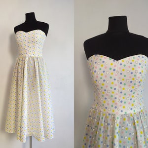 Vintage 80&#39;s does 50&#39;s Corset Dress/Polka Dots Dress/Strapless Circle Gown/Sweetheart Cocktail Dress/Pin Up Dress/Candy Dress/S Size
