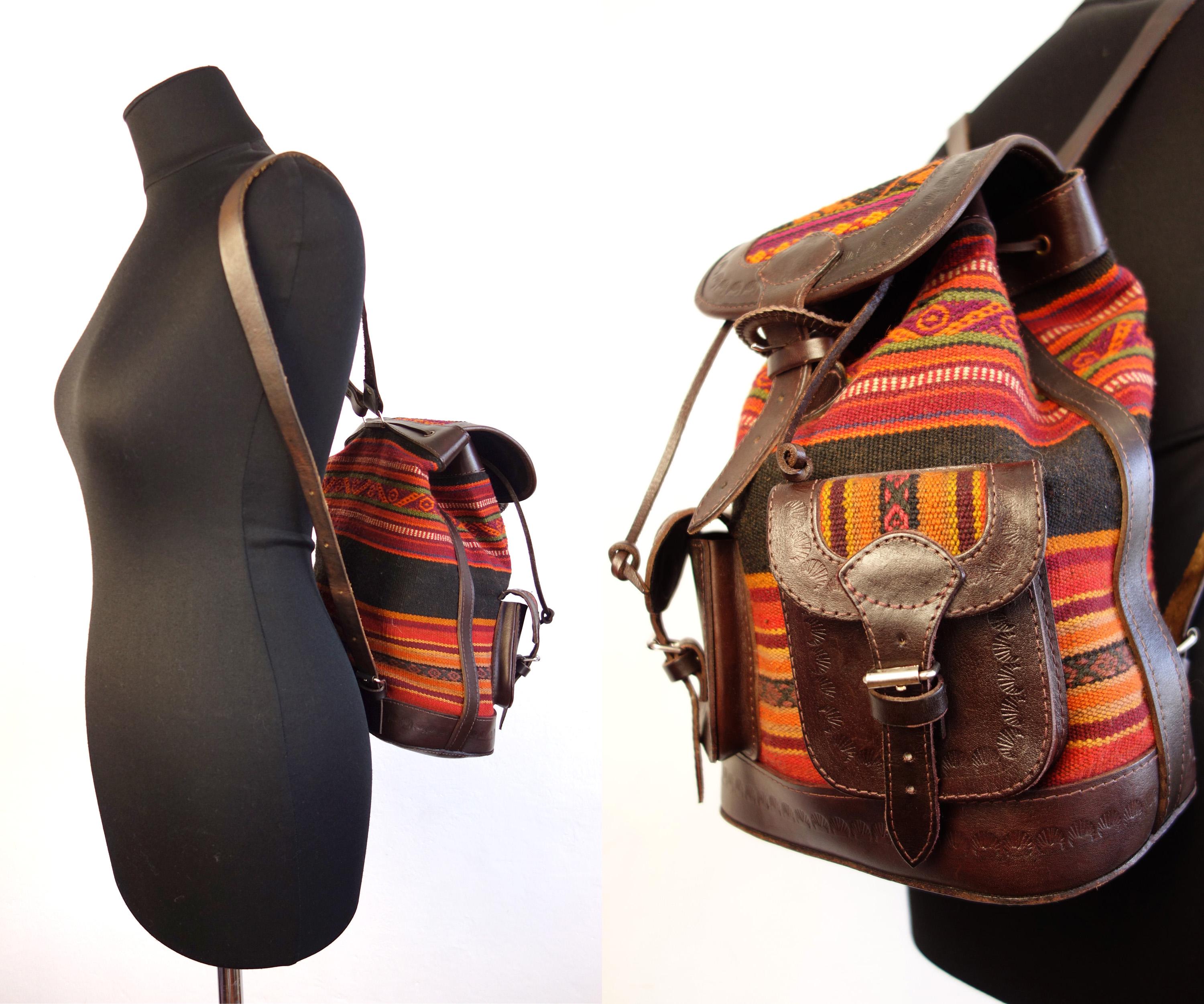 Peruvian Ethnic Artisan Wool Backpack/handmade Leather 