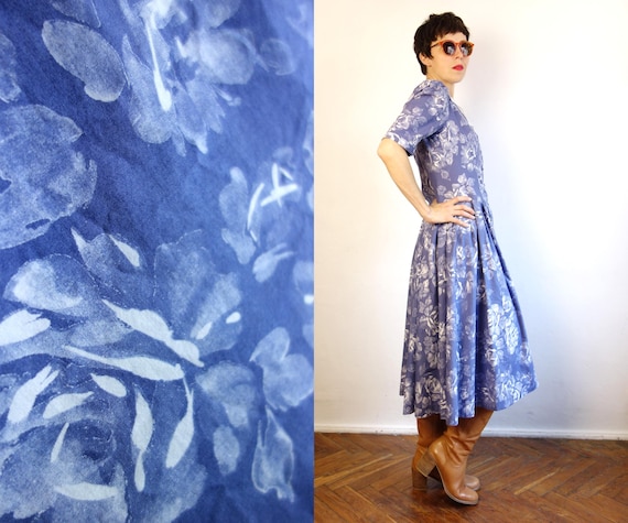 ヴィンテージ ローラ アシュレイ ブルー コットン ドレス/ホワイト