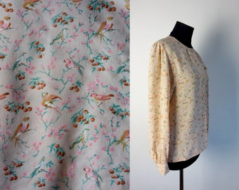 Vintage 70s Hanae Mori Silk Blouse/Sweetheart Pocket/Floral and Birds Pattern Shirt/Elegant Silk Top/Japanese Designer