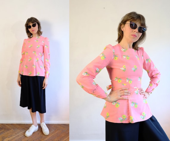Vintage 70's Candy Pink Blouse/Floral Check Patte… - image 3