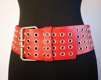 Vintage French Red Leather Grommet Belt, Wide Punk Style (M/L)