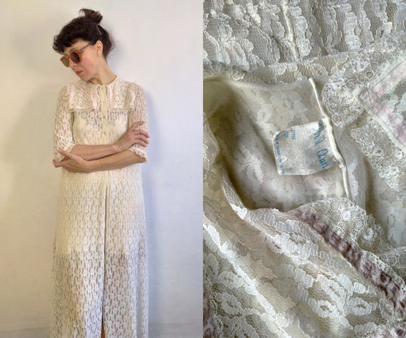 Vintage 70's Ivory Lace Robe/Maxi Peignoir/Cream … - image 6