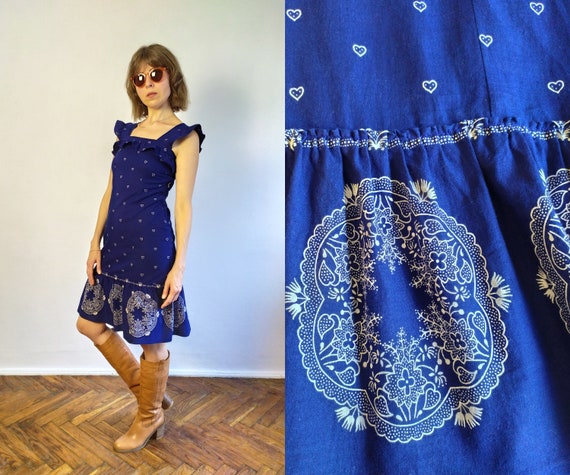 70's Vintage Indigo Midi Sundress/Apron Summer Dr… - image 1