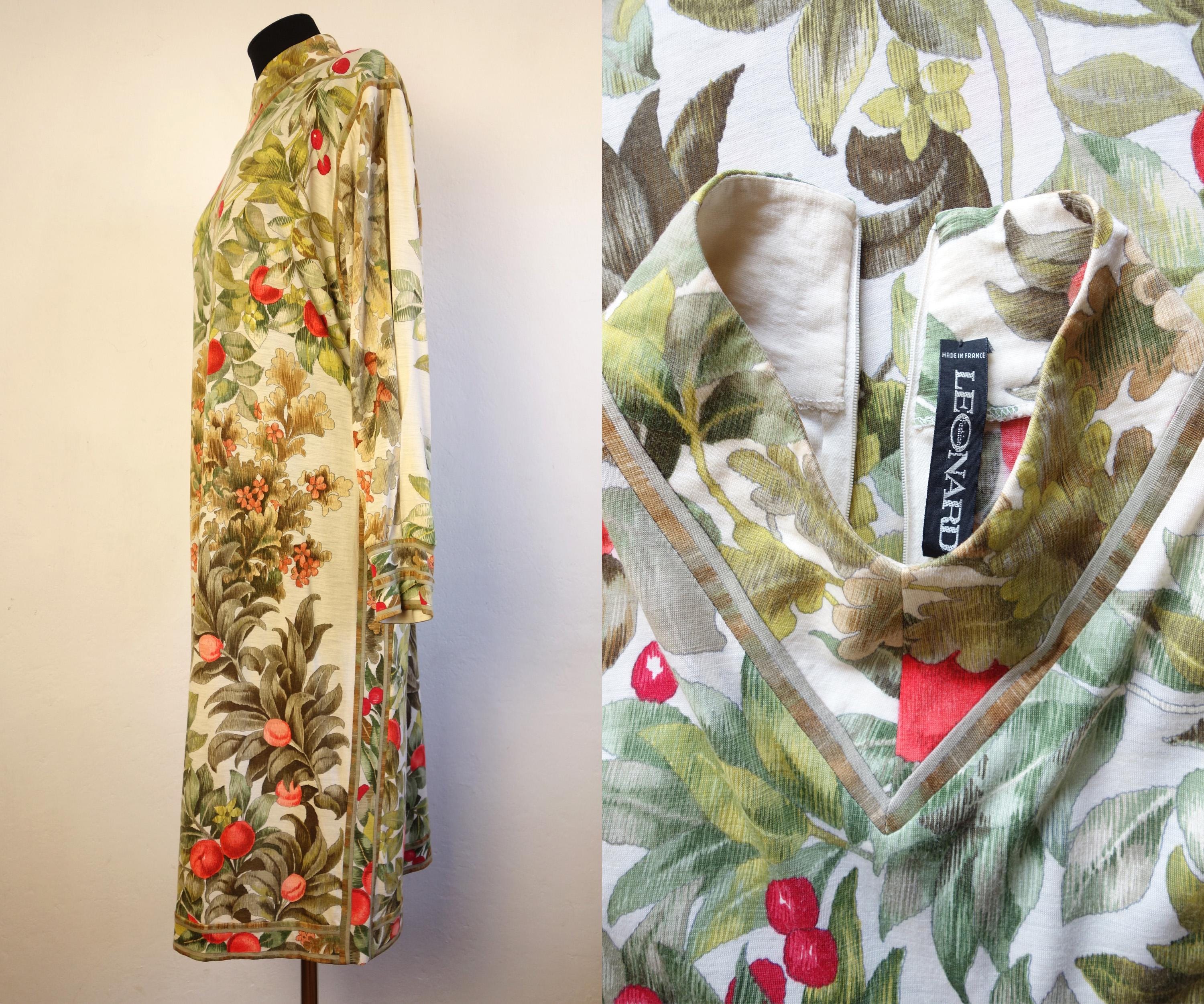 Vintage LEONARD Paris Floral Silk Wool Dress, Bohemian Midi Shift 