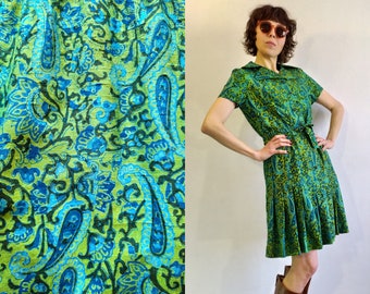 Vintage 60's Silk Midi Dress/Lime Green Paisley Pattern Dress/Pleated Belted Shirtdress/Boho Mod Notched Collar Dress, M/L Size