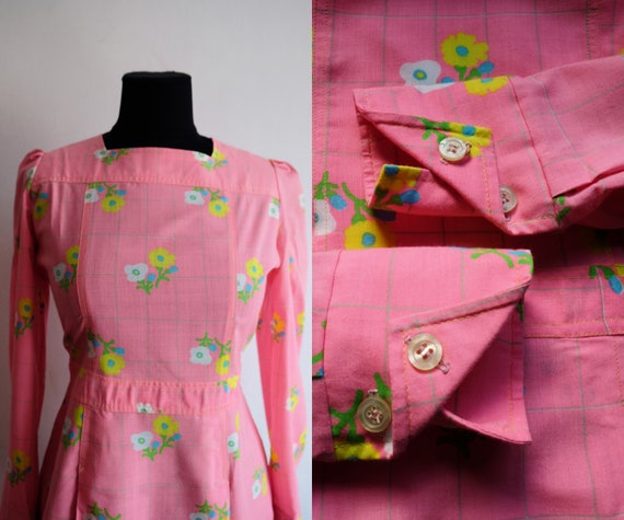 Vintage 70's Candy Pink Blouse/Floral Check Patte… - image 1