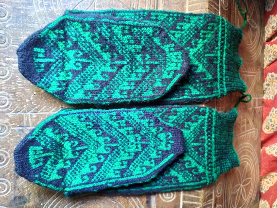 Vintage Unisex High Socks/Hand Knit Socks/Green P… - image 5