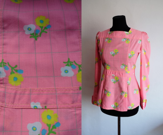 Vintage 70's Candy Pink Blouse/Floral Check Patte… - image 4