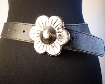 Vintage 90s French Leather Belt, Silver Flower Buckle, Size M