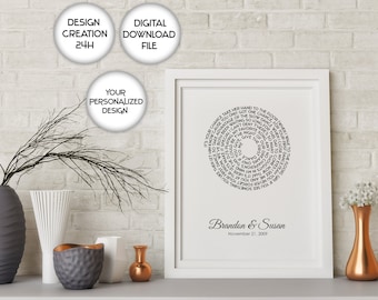 Könnte beinhalten: Ein druckbarer digitaler Download eines personalisierten Hochzeitsliedtext-Kunstdrucks. Der Druck zeigt ein kreisförmiges Design mit den Texten eines Liedes in einer Spiralform. Die Namen "Brandon & Susan" und das Datum "21. November 2009" sind unter der Spirale gedruckt.