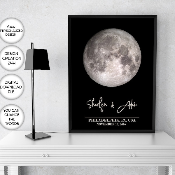 Custom moon print, Personalized moon phase print,Keepsake gift,Moon by date wall art,Printable wedding gift,Couple Gifts,Wedding guest gifts