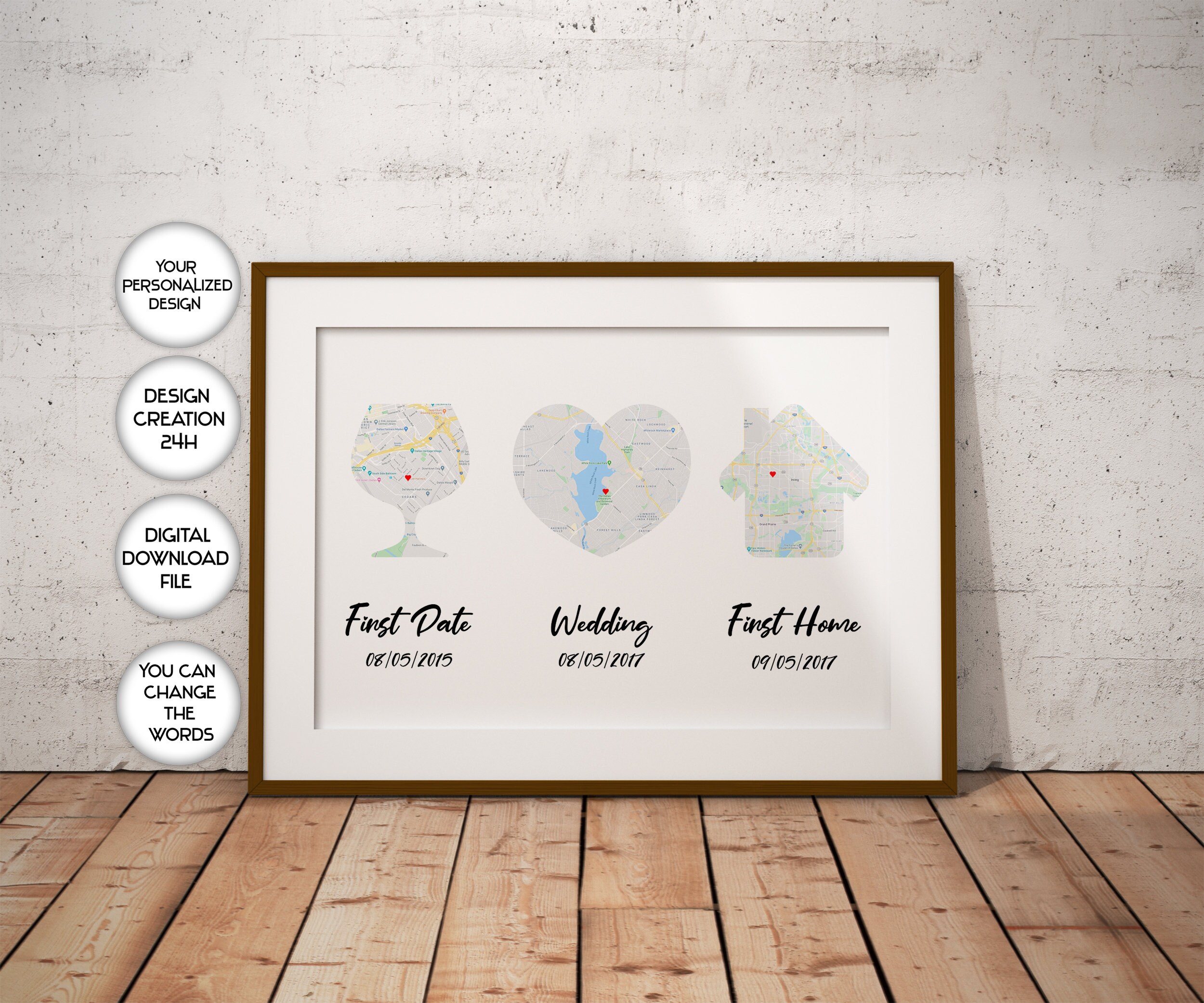 Our First Date Day Home Wedding Maps Heart Printable CUSTOM Etsy