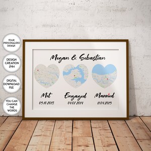 Important Dates Wedding Gift For Bride For Groom For Couple Map Custom Order Three Heart Map Printable Relationship Dates 1st Anniversary