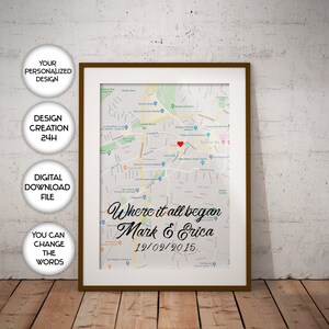 Carte personnalisée Affiche Pendaison de crémaillère Cadeaux Saint-Valentin Cadeau pour lui pour ici Anniversaire d’un an Carte personnalisée imprimable Votre carte de localisation