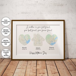 Mother's Day, Gift for Mom, Gift for Mum, Long Distance Kids, Gift From Kids Print, Personalized Family Map Heart Any Location Available