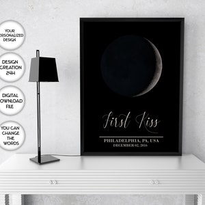 Impression de la carte de la lune du premier baiser, impression sous cette lune, impression personnalisée, art mural, cadeaux de Noël, cadeau de fiançailles, cadeau pour lui, décoration d'intérieur