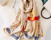 Louis Vuitton Inspired Silk Scarf Beige Silver Grey Brown