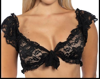Lace, Tie Front, Ruffle Crop Top.