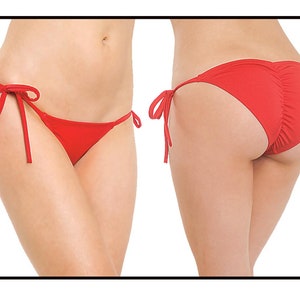 May include: Red bikini bottom with tie sides. The bottom is gathered in the back.
