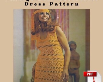 Vintage 1970s Crochet Dress & Headband Pattern PDF | Retro “Arana” Festival Jumper | Boho Sleeveless Crochet Pattern Instant Download