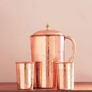 Pure Copper Pitcher/Jug with lid & two Copper Cups -70 fluid ounces (2 liter)