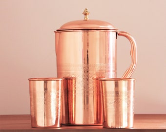 Pure Copper Pitcher/Jug with lid & two Copper Cups -70 fluid ounces (2 liter)