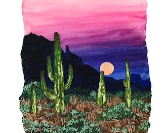 Tucson Sunset // original gouache and watercolor painting