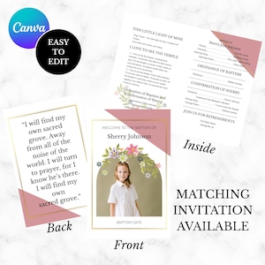 May include: A baptism program template featuring a front cover with a photo of a child, a floral arch, and the name Sherry Johnson. The back displays a quote about a sacred grove, while the inside lists the order of service and song lyrics.