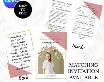 LDS Baptism Program Template, Foldable Baptism Program Canva Editable Kids LDS Baptism Program Pink Floral Baptism Program