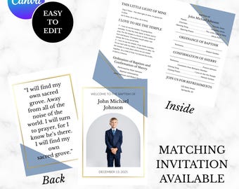 LDS Baptism Program Template, Foldable Baptism Program Canva, Editable Kids LDS Baptism Program, Blue and Gold Baptism Program