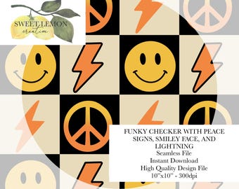 Funky Checker With Peace Signs, Smiley Face, and Lightning - Seamless Files - Digital Download for personal or limited commercial use