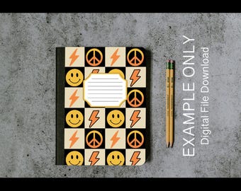 Funky Checker With Peace Signs, Smiley Face, and Lightning Composition Book Front and Back Cover - Digital Download