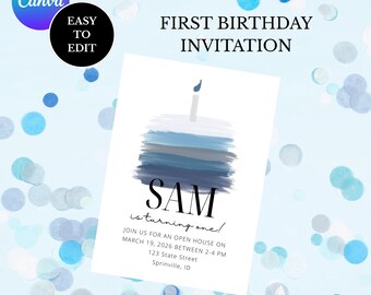 First Birthday Invitation with Painted Cake, Child's first birthday invitation, shades of blue birthday invitation