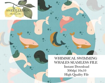 Whimsical Swimming Whales Seamless Files - Digital Download for personal or limited commercial use
