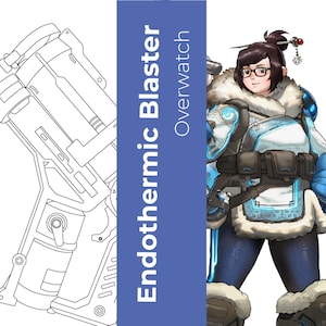 May include: A line drawing of a futuristic gun called the "Endothermic Blaster" from the video game Overwatch. The gun is a large, bulky weapon with a variety of details and features.