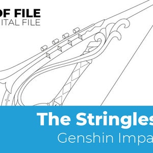 May include: A black and white line drawing of a bow and arrow from the video game Genshin Impact. The bow is called "The Stringless".