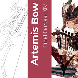 Puede incluir: Un dibujo de línea de un arco llamado "Artemis Bow" del videojuego Final Fantasy XIV. El arco es un diseño complejo con detalles intrincados. El arco se muestra en un contorno blanco sobre un fondo blanco.