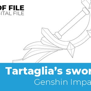 Może przedstawiać: Liniowy rysunek miecza z zakrzywionym ostrzem i rękojeścią z gwiaździstym jelcem. Miecz jest oznaczony jako "Tartaggia's Sword Genshin Impact".