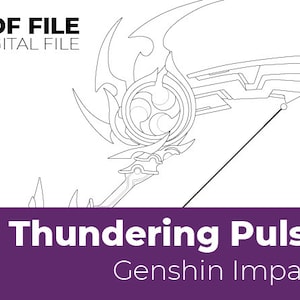 以下が含まれることがあります： ゲーム「原神」の武器「雷電の如く」の白黒線画。武器は、大きく装飾された刃と長く細い柄を持つ長柄武器です。