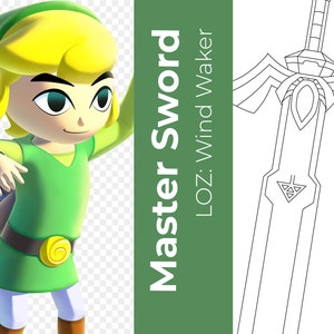 May include: A cartoon illustration of Link from The Legend of Zelda: The Wind Waker holding the Master Sword. The text "Master Sword" and "LOZ: Wind Waker" is displayed on the right side of the image.