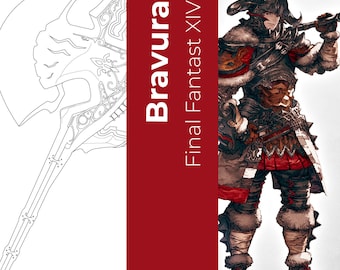 May include: A line drawing of a large axe with intricate details, next to a warrior character from the video game Final Fantasy XIV, titled "Bravura". The warrior is wearing dark armor with a red and white fur-trimmed cloak, holding a large axe.