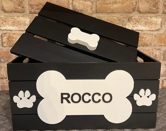 LIDDED Personalised hand-painted wooden pet dog toy box storage crate.