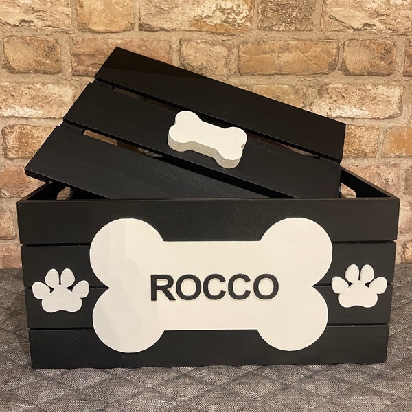 LIDDED Personalised hand-painted wooden pet dog toy box storage crate.