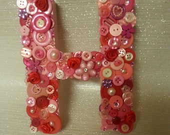Personalised wooden initial, embellished initial H, button Art initial, free standing or ready to hang initial.