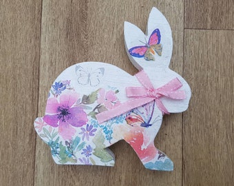 Wooden Decoupage Bunny, Wooden Rabbit Ornament, Easter Decor, Easter Ornament, Rabbit lover Gift.