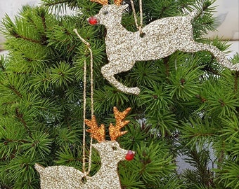 Glitter reindeer, Christmas decoration, tree ornament, hanging ornament, wooden reindeer, sparkly tree ornament