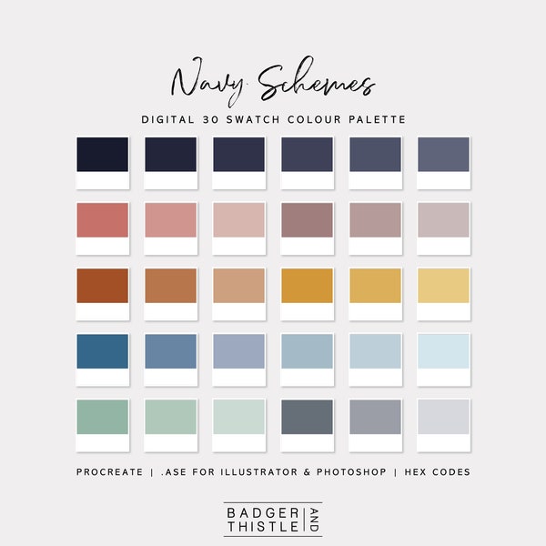 Navy Schemes | Digital Colour Palette Swatches Download | Procreate | Photoshop & Illustrator | Goodnotes | Hex Codes | Canva